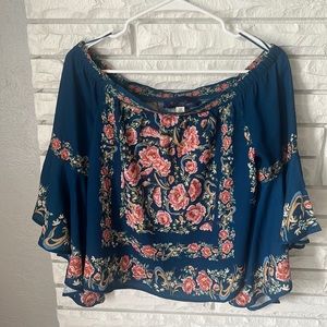 Blue bell sleeve strapless blouse